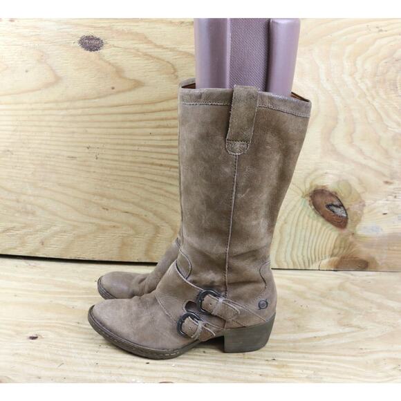 Born Boots Womens 6.5 Brown Leather 2 Buckle Tall Block Heel Pull On - Picture 1 of 8